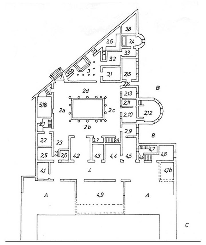Villa of Diomedes. Room plan of main floor by T. H. M. Fontaine.
See Fontaine, T. H. M., 1991. Die Villa di Diomede in Pompeji. Baugeschichtliche, typologische un stilistische Untersuchungen, Université de Trier, 1991, Abb. 3. 
(The Villa di Diomede in Pompeii: A research on its architectural history, its typology and the style of its paintings) 
See Opus Universitäts Bibliothek Trier - Villa Diomede by T.H.M. Fontaine including PDFs. 